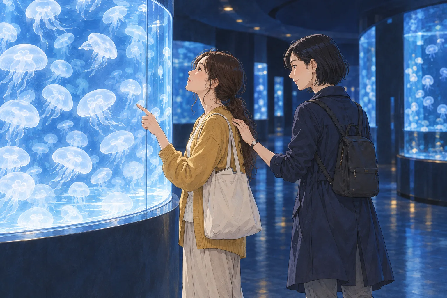 クラゲの円い水槽に目を向けたままのふみと、その肩へそっと手を置く千晶。二人の横顔を水槽の青い光が照らす。