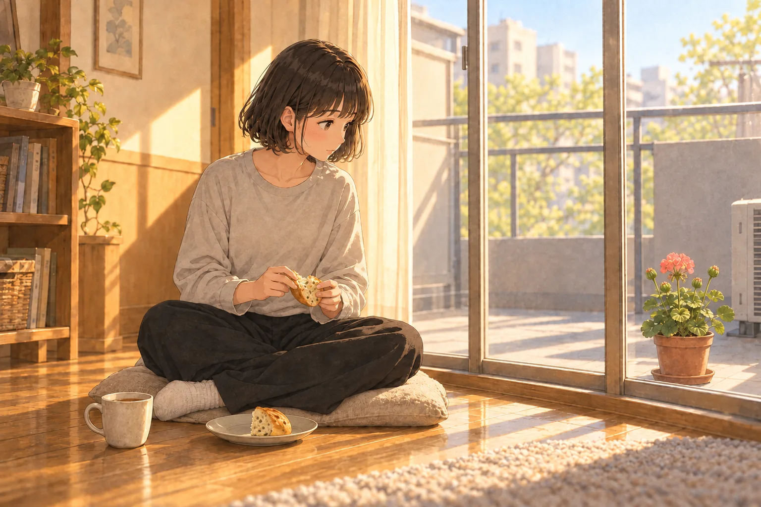 窓ぎわの座布団でパンをちぎるミコ。ガラス戸の右下の外には赤茶の鉢が一つ、サーモンピンクの花房一つとまだ閉じた房四つがある。