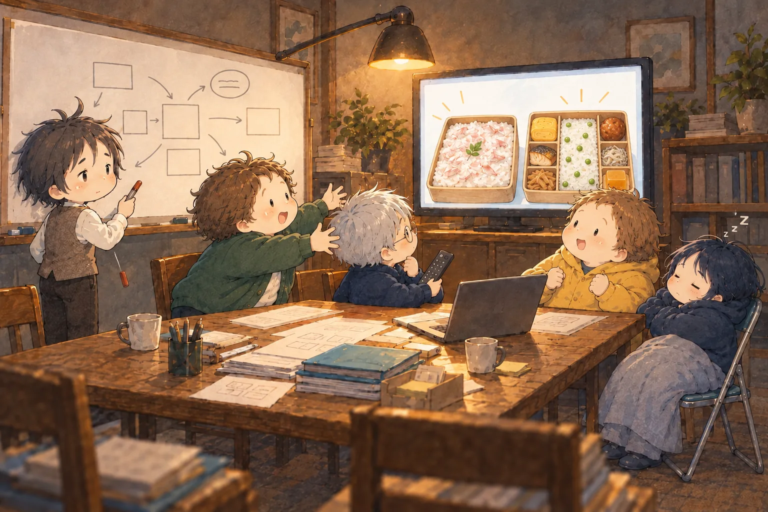 頭の中の会議室で五人が二つの駅弁を見比べる。ハラヘッタは画面の鯛めしと豆ごはんの弁当へ両手を伸ばしている。