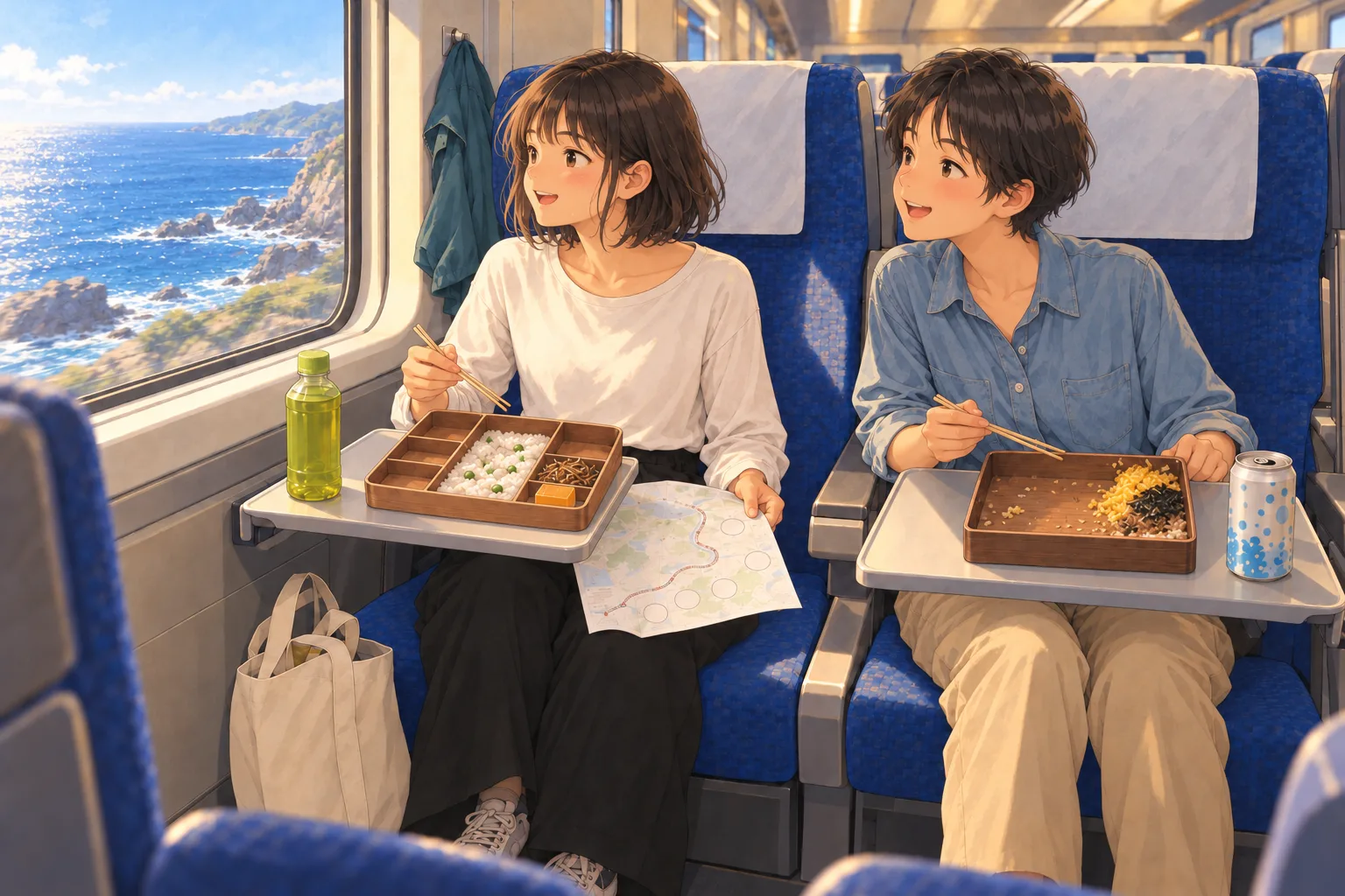 トンネルを抜けた特急の閉じた窓から海を見て笑うミコとゆかり。膝の地図と食べ進めた弁当が、二人の前にある。