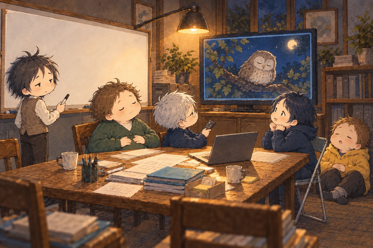 ミコの頭の中の会議室。眠るフクロウの画面の前でネムイだけが目を開き、残る四人は眠ったり、うとうとしたりしている。