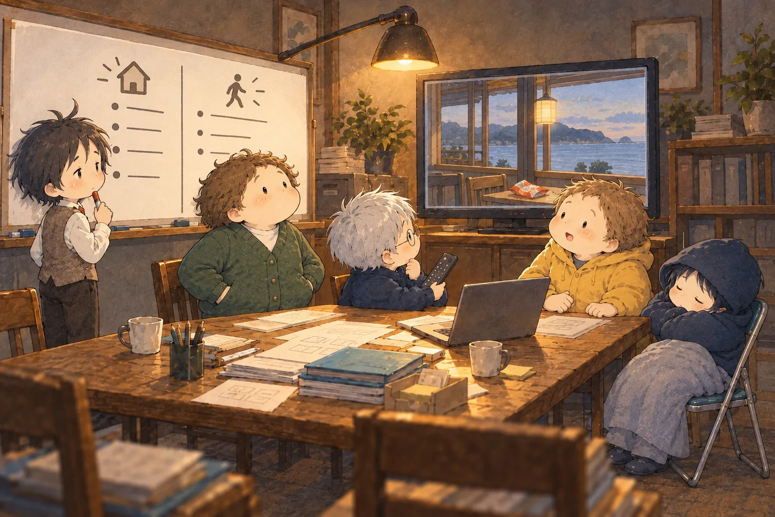 ミコの頭の中の会議室。ハラヘッタが手をポケットに入れて立ち、シンパイのホワイトボードには外と部屋の二列がある。画面には海と空の菓子袋。