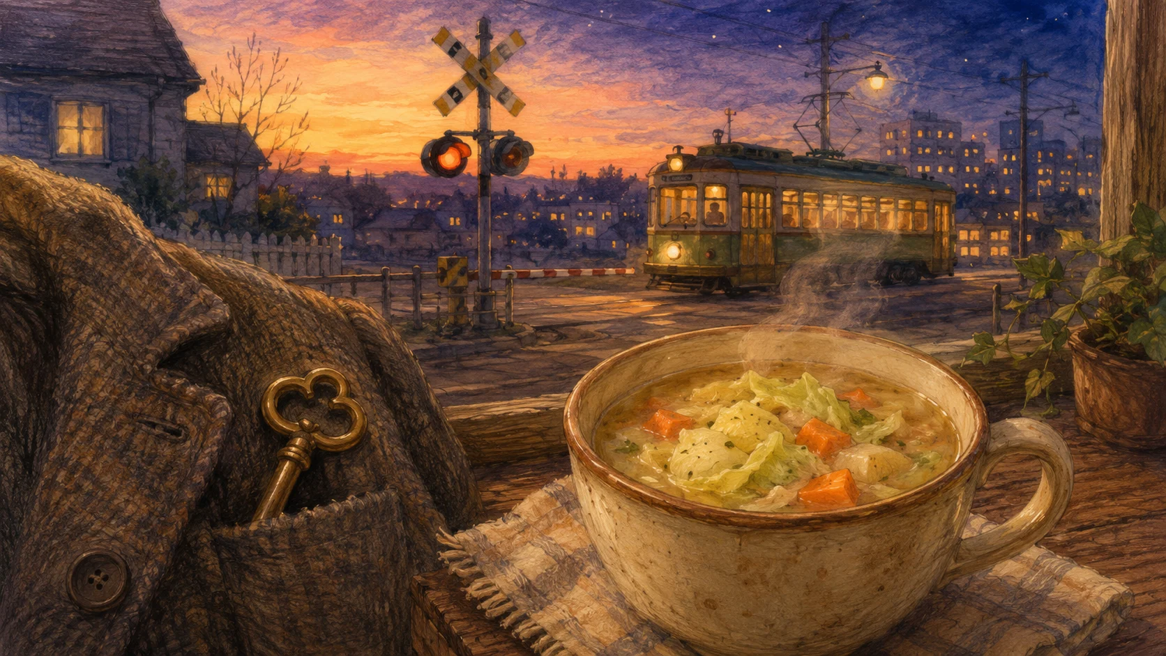 古い鍵と、夕暮れのスープのイメージ