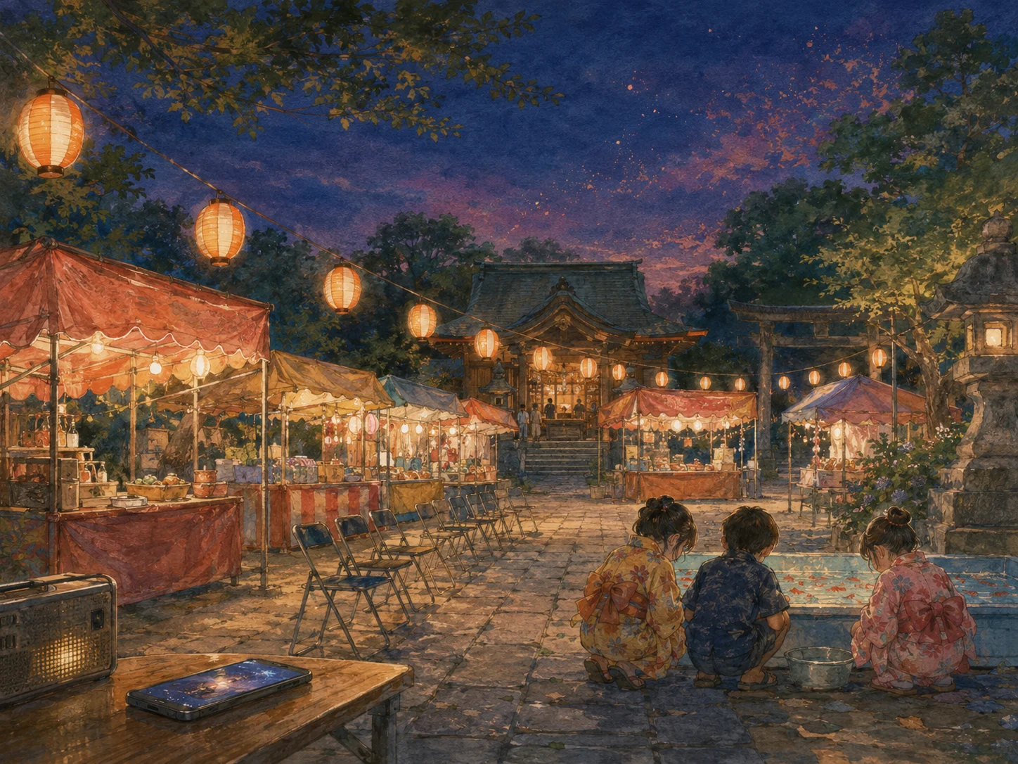 夏祭りの夜、小さな神社の境内で提灯と屋台、花火の余韻が広がる場面