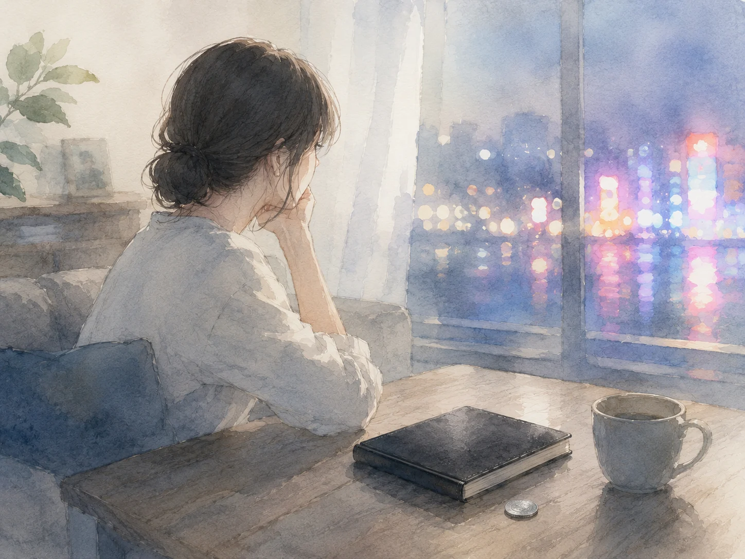 本文挿絵用、横長4:3、文字なし、スマホ読書の途中に入れても邪魔にならない静かな構図。本文の印象的な場面を1枚、スマホ読書を邪魔しない静かな挿絵として描く。